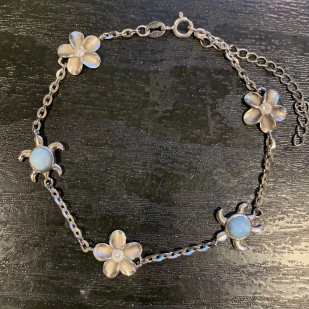 Boho 925 Sterling Silver Blue Turtle Flower Rhinestone Tortoise Bracelet